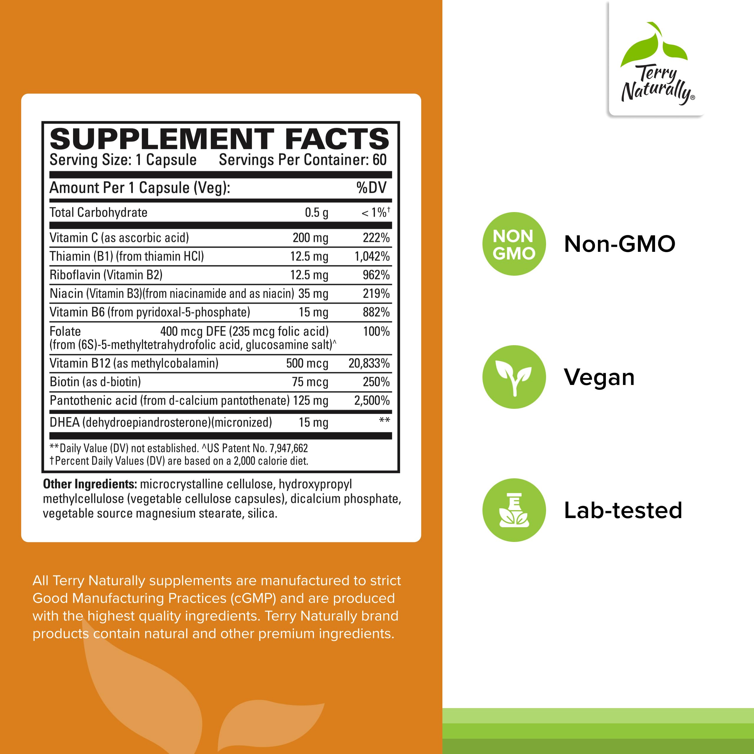 Terry Naturally Cortisol Rescue dietary supplement bottle detailing vegan formula and non GMO features