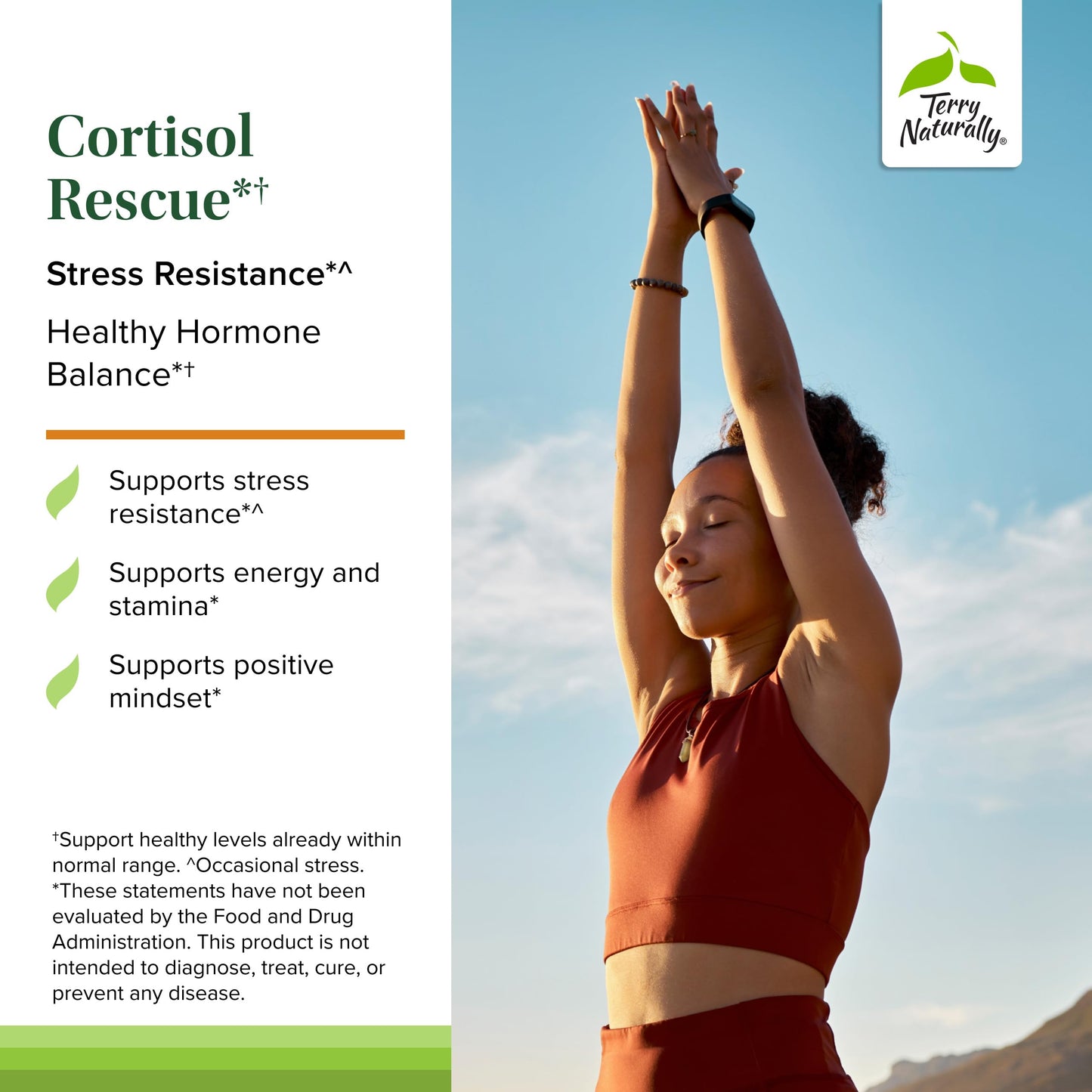 Back label of Terry Naturally Cortisol Rescue showing facts panel including DHEA and Vitamin C