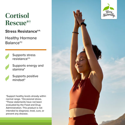 Back label of Terry Naturally Cortisol Rescue showing facts panel including DHEA and Vitamin C
