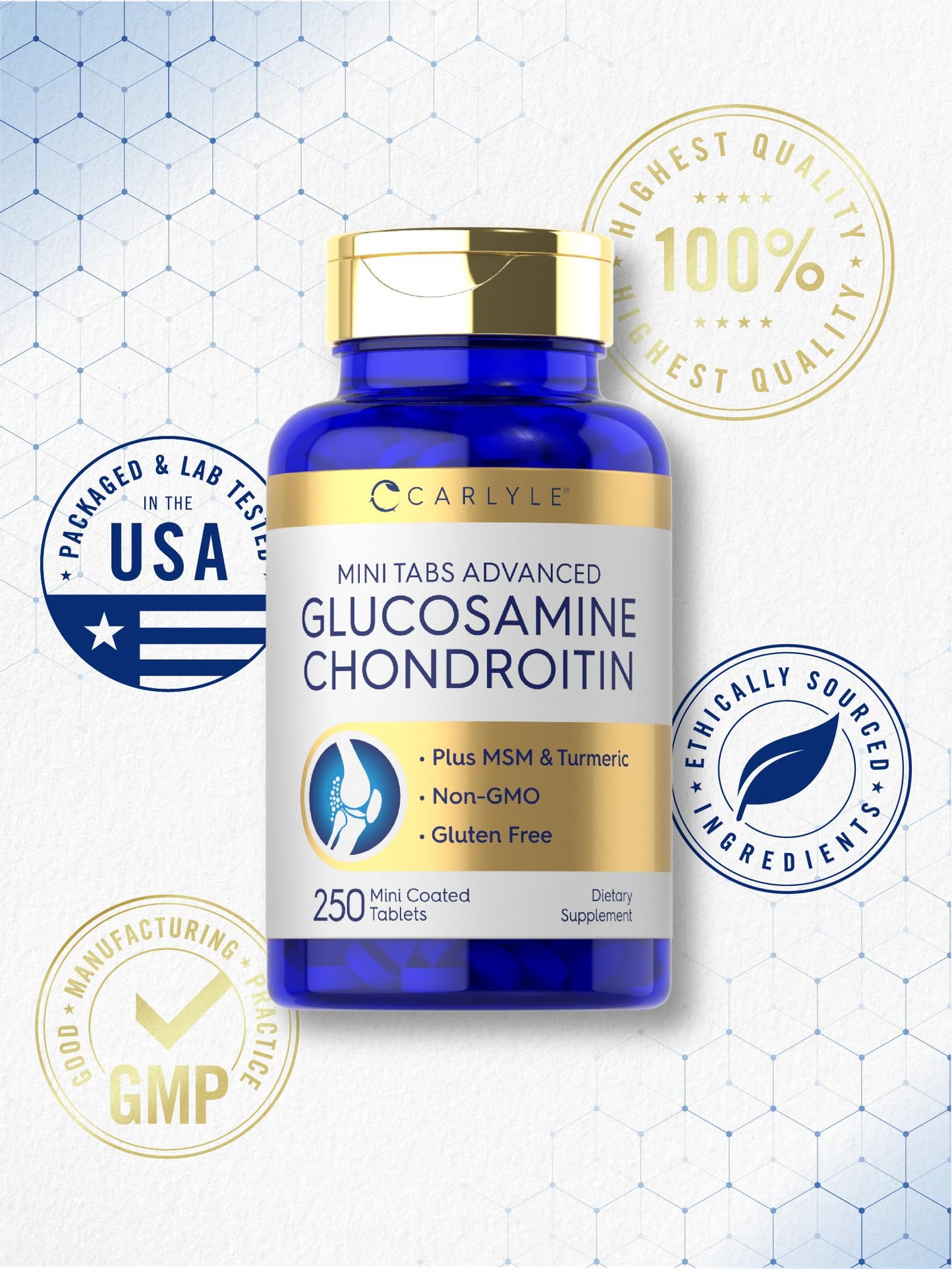 Close up of Carlyle Glucosamine Chondroitin MSM mini tablets texture