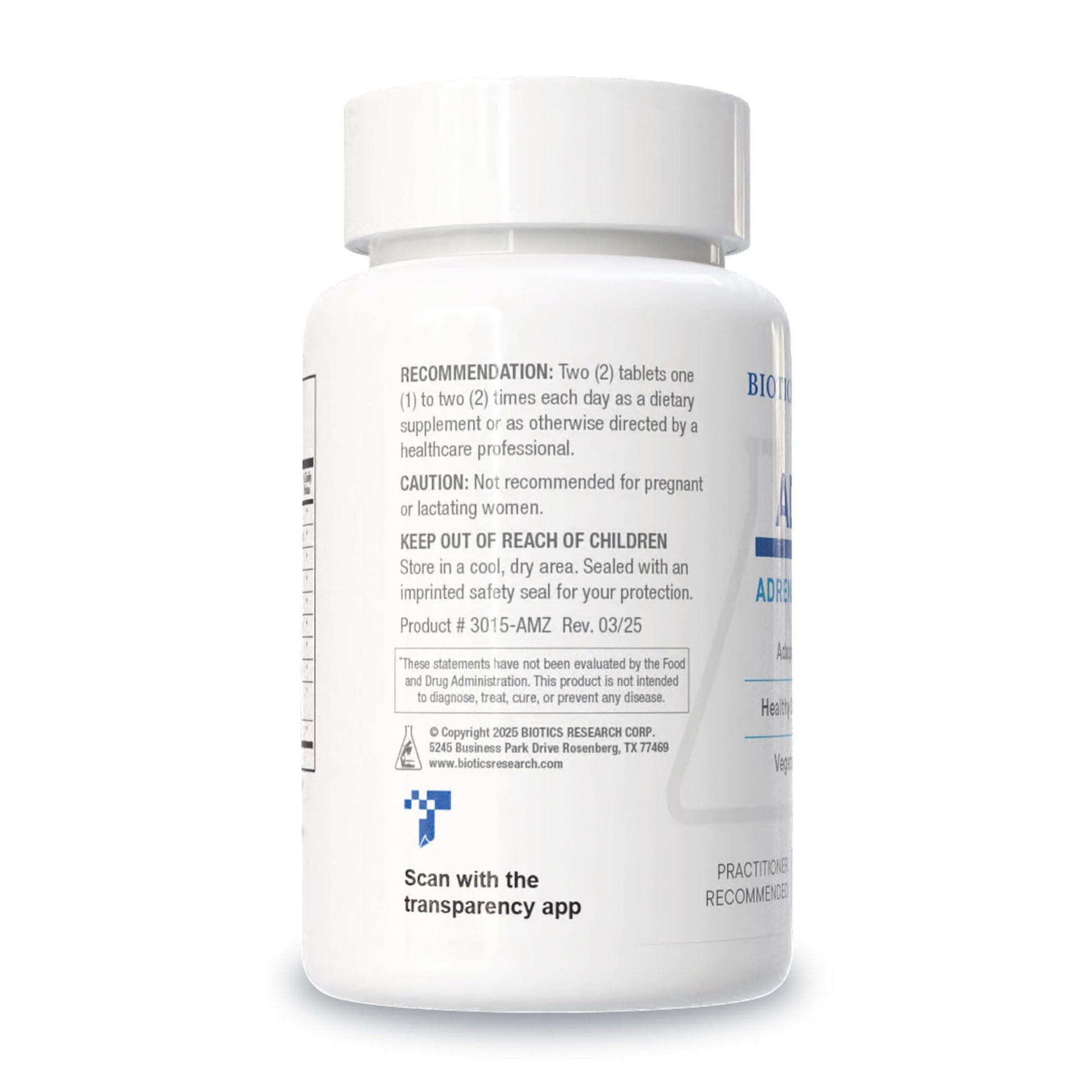 Imported Biotics Research adrenal health supplement bottle showing nutritional facts