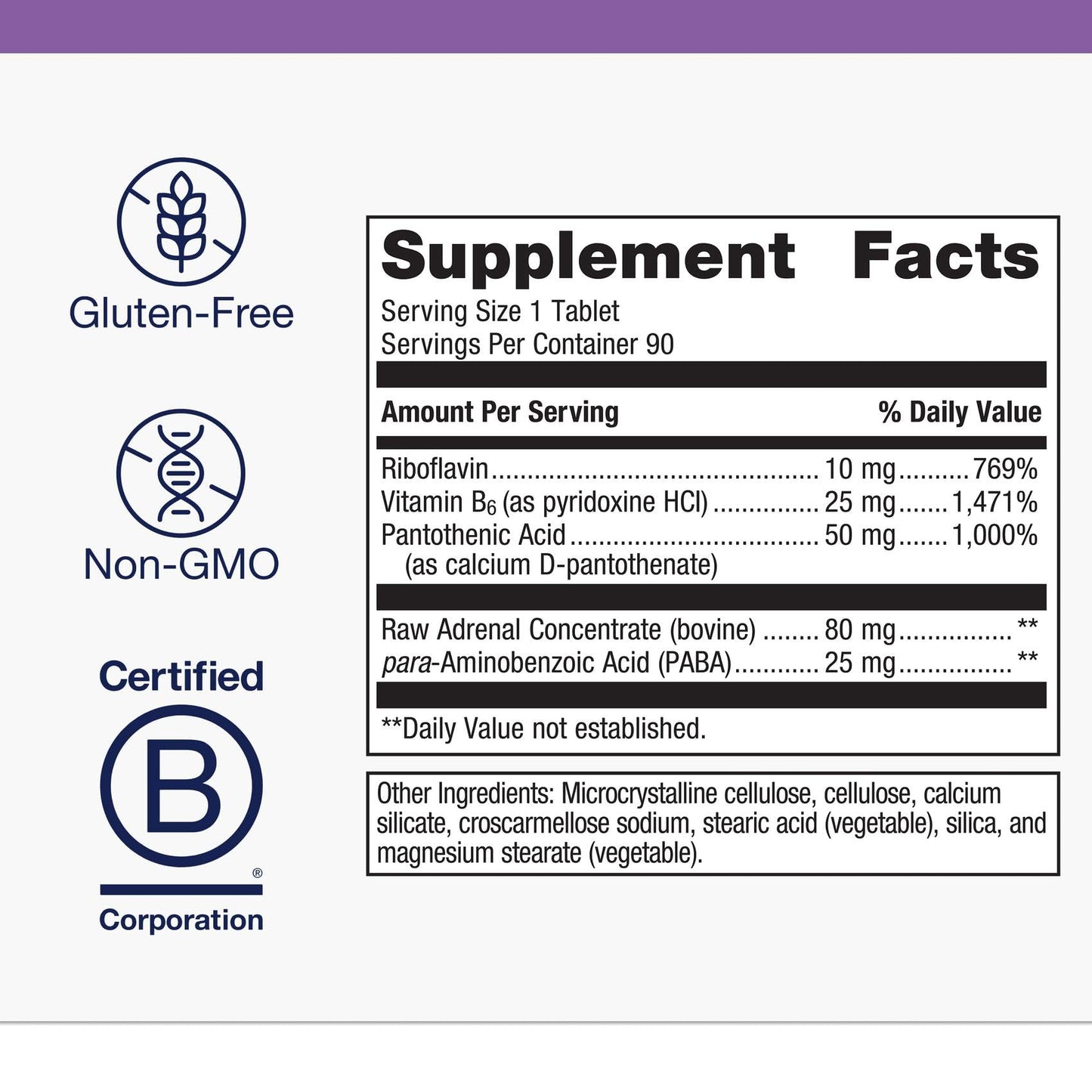 Side view of Metagenics Adrenogen 90 tablets bottle details.