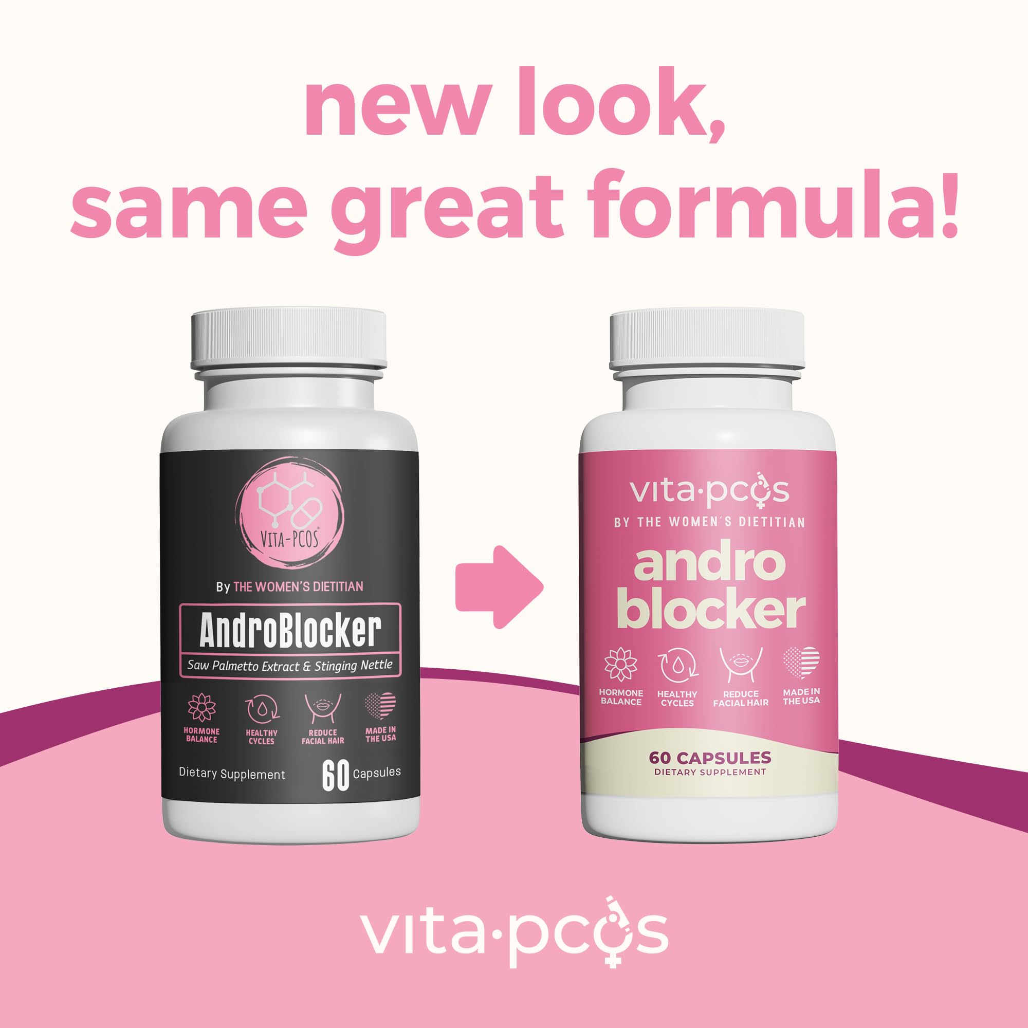 VITA-PCOS androgen blocker sixty capsules packaging showing ingredients list.