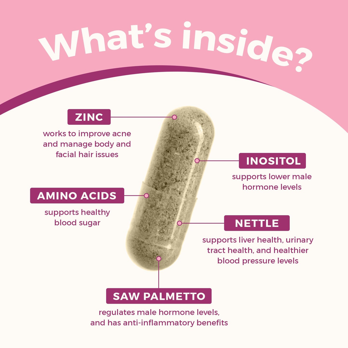 Dietary supplement bottle for reducing PCOS facial hair and acne.