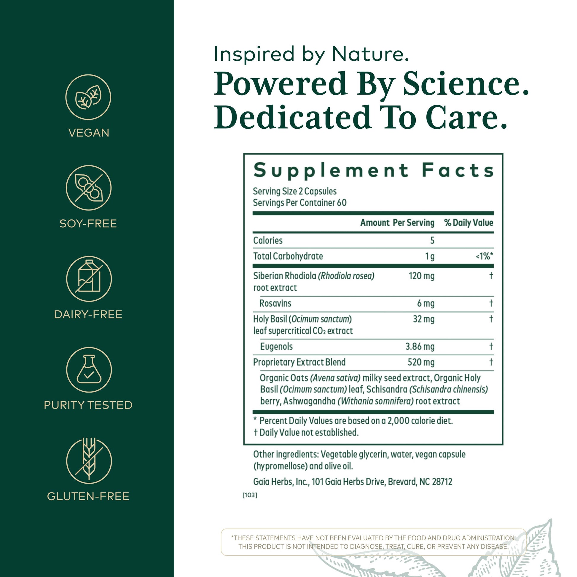 Gaia Herbs Pro Daytime Hpa supplement label details showing ashwagandha and rhodiola ingredients