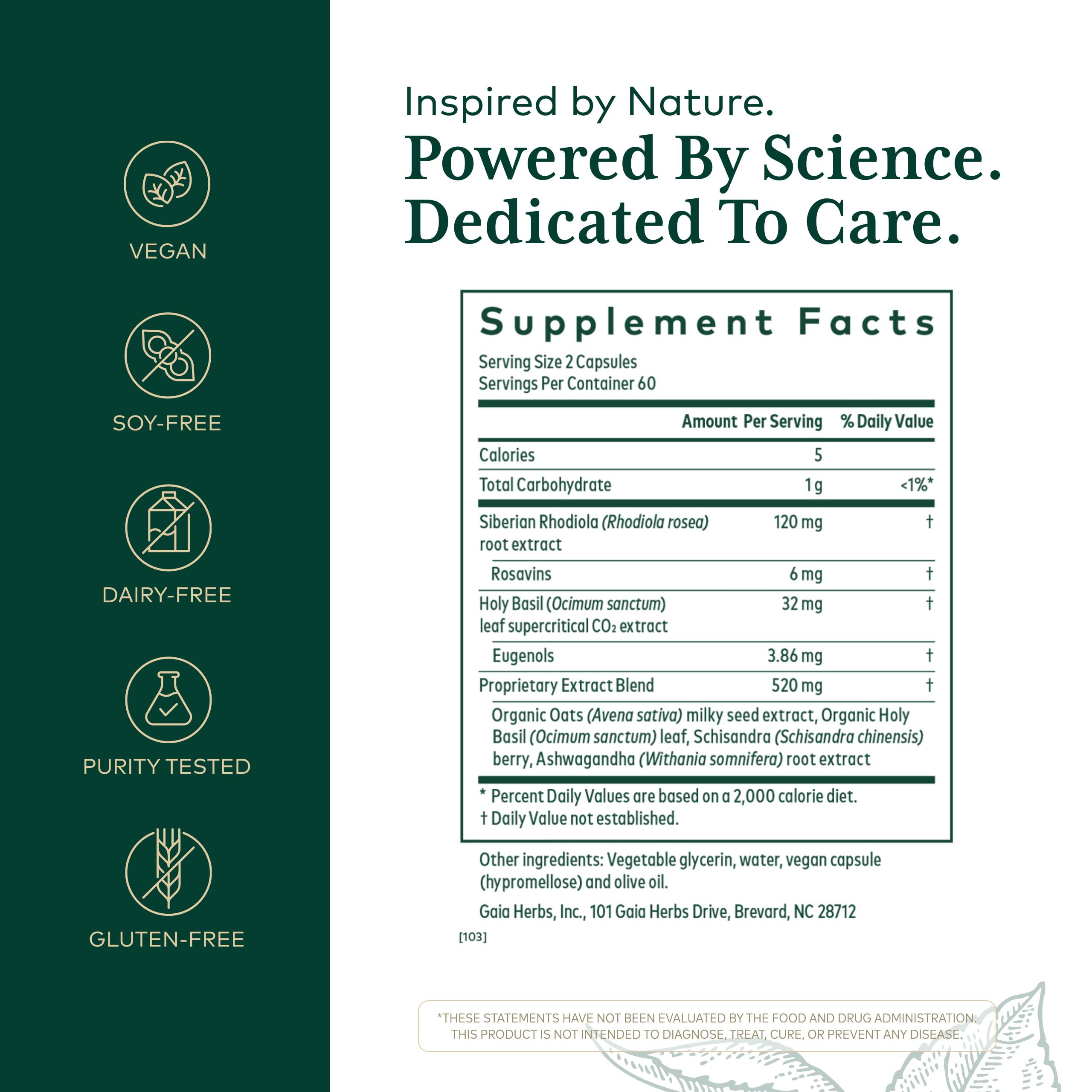 Gaia Herbs Pro Daytime Hpa supplement label details showing ashwagandha and rhodiola ingredients