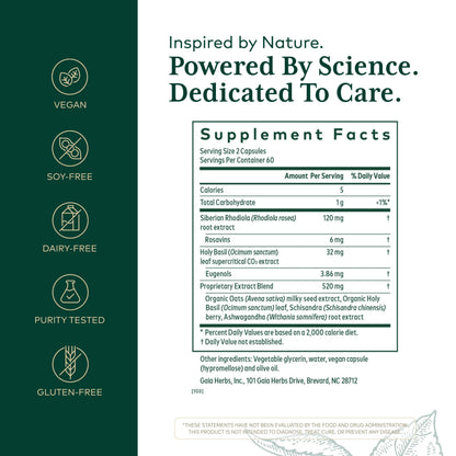 Gaia Herbs Pro Daytime Hpa supplement label details showing ashwagandha and rhodiola ingredients