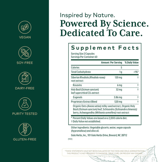 Gaia Herbs Pro Daytime Hpa supplement label details showing ashwagandha and rhodiola ingredients