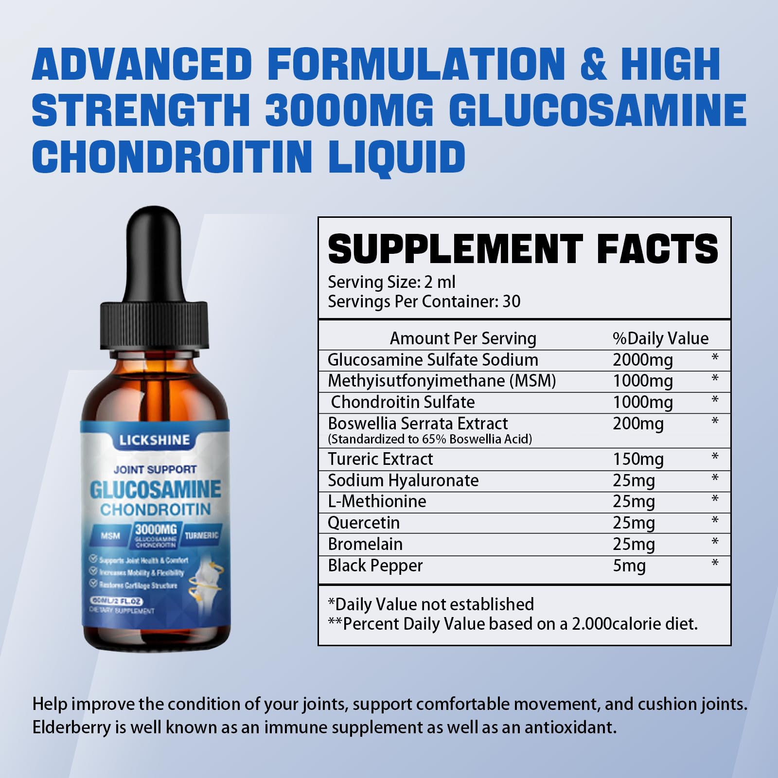 Lickshine liquid joint supplement bottle showing key ingredient list.