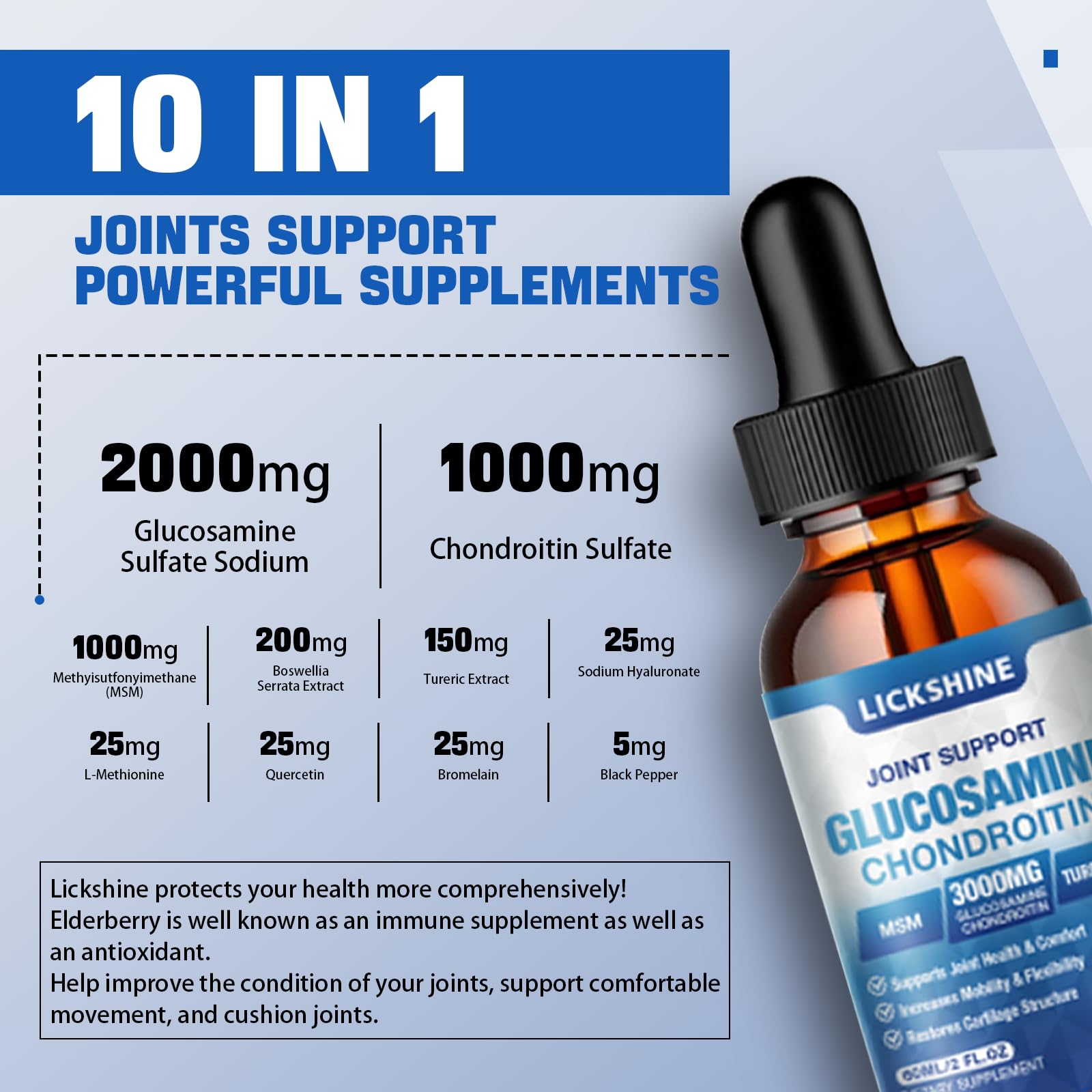 Side view of Lickshine Glucosamine Chondroitin liquid drops packaging.