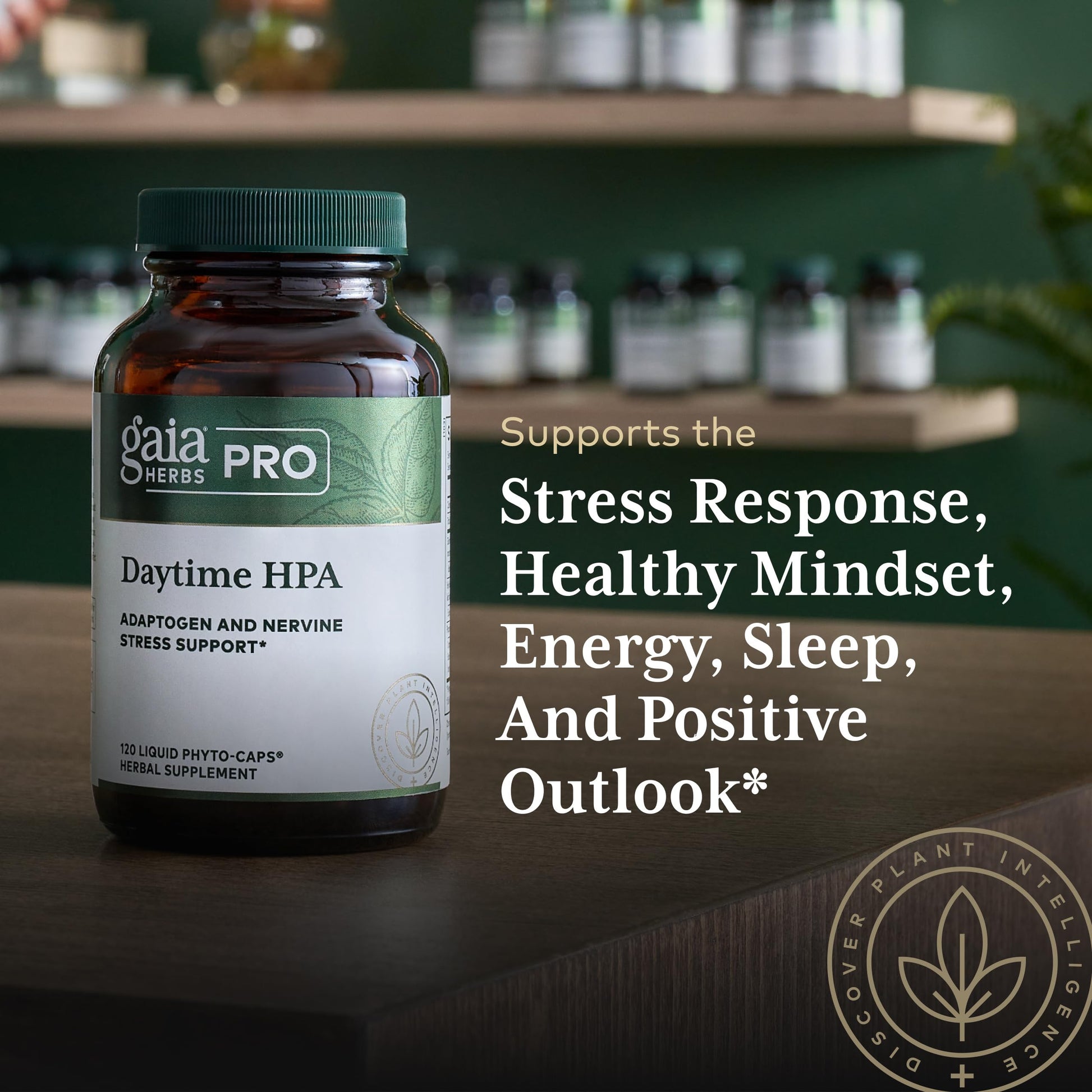 Gaia Herbs Pro Daytime HPA 120 count bottle packaging details and daily usage instructions
