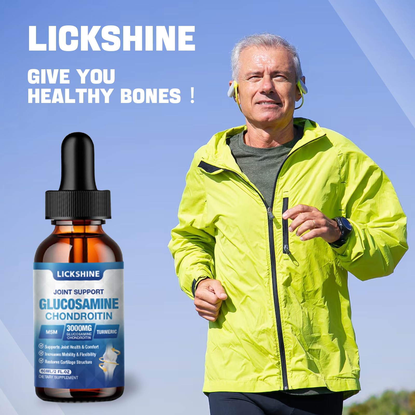 Instructions and serving information on Lickshine joint health bottle.