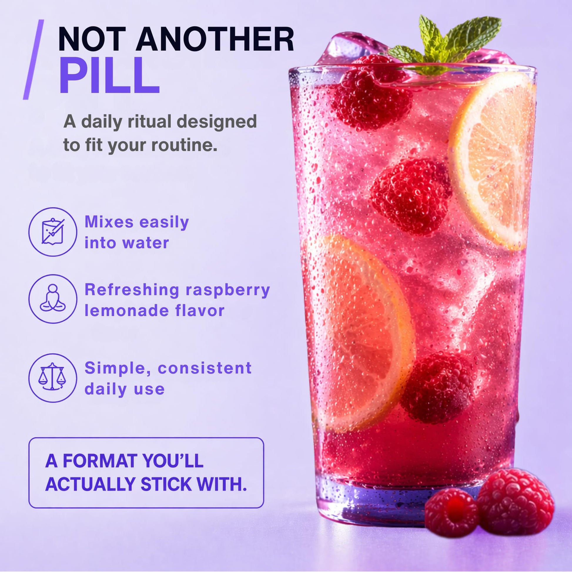 Nutravōs adaptogen drink mix scoop with raspberry flavor detailing