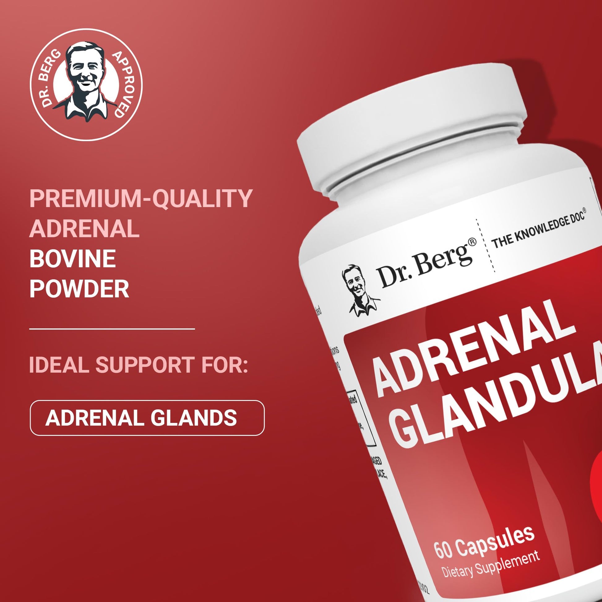 Side view of Dr. Berg Adrenal Glandular supplement highlighting ingredient facts