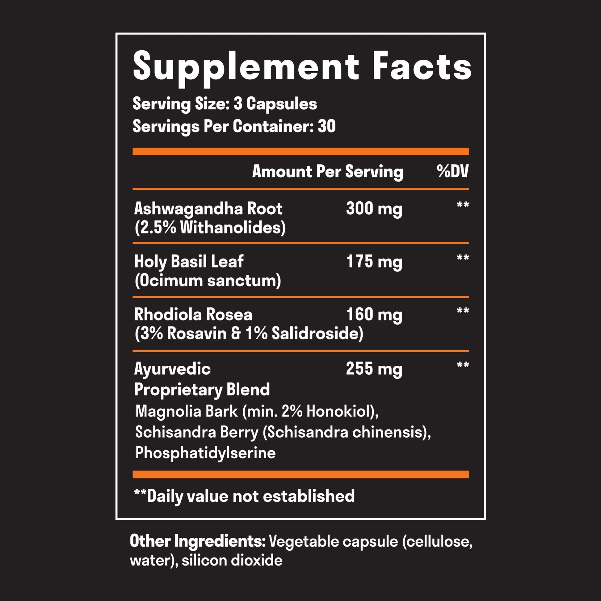 Nuven Naturals Cortisol Manager supplement side label showing blend of adaptogenic ingredients.