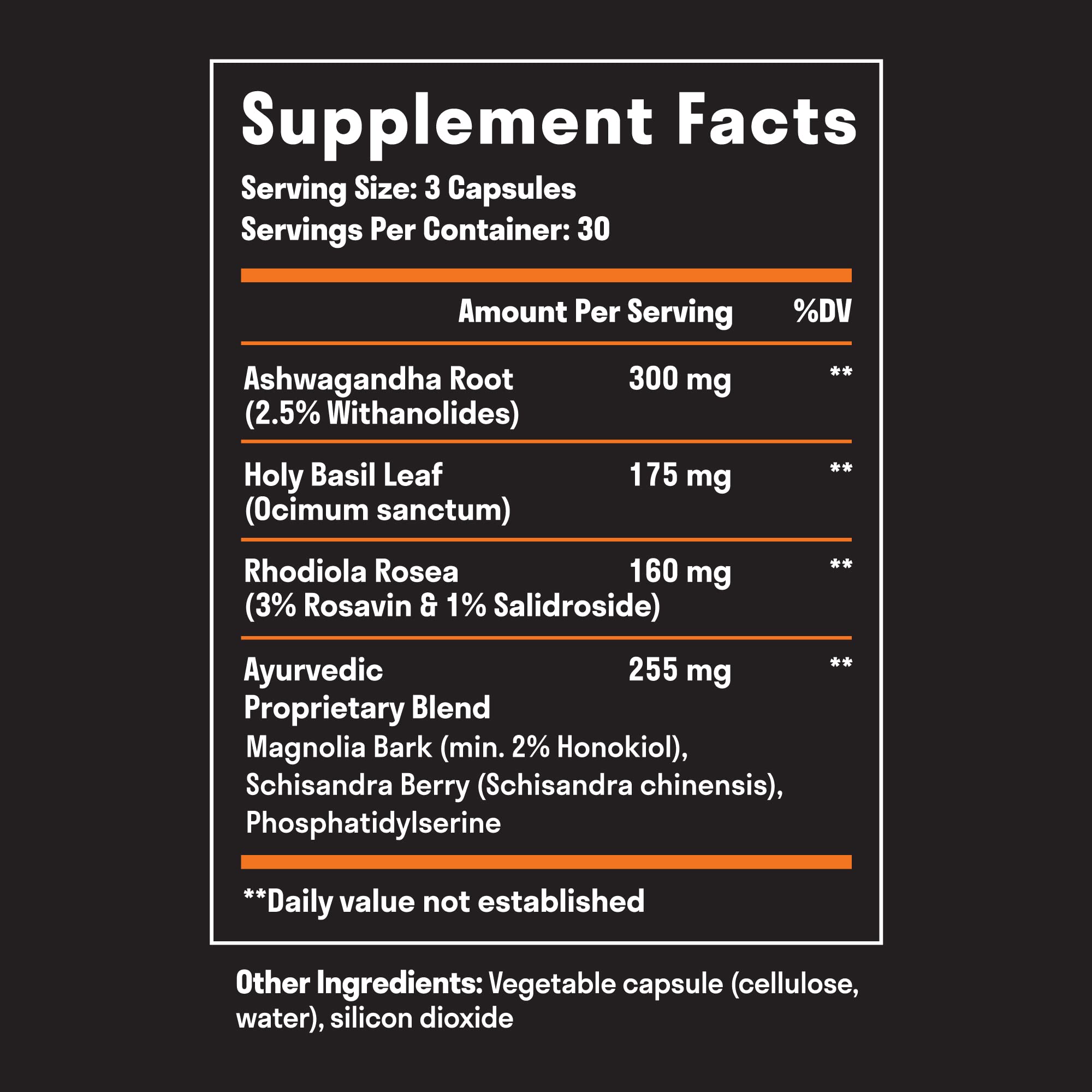 Nuven Naturals Cortisol Manager supplement side label showing blend of adaptogenic ingredients.