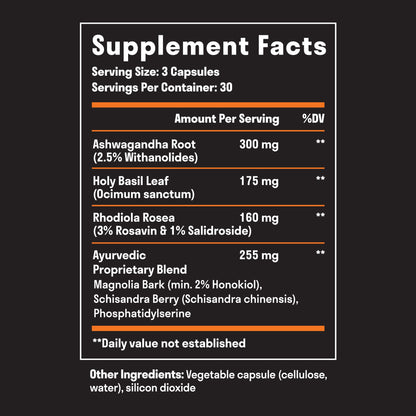 Nuven Naturals Cortisol Manager supplement side label showing blend of adaptogenic ingredients.