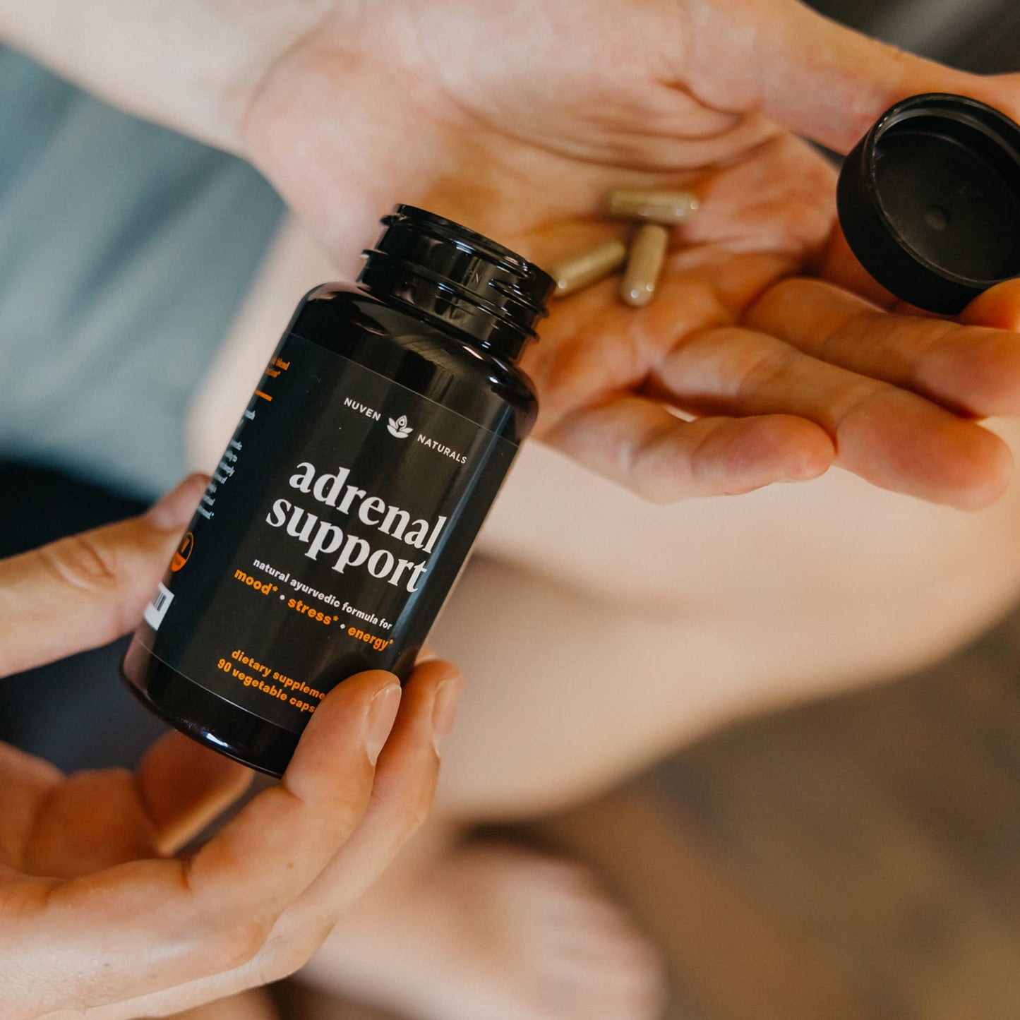 Nuven Naturals Adrenal Support product display emphasizing natural mood and focus features.