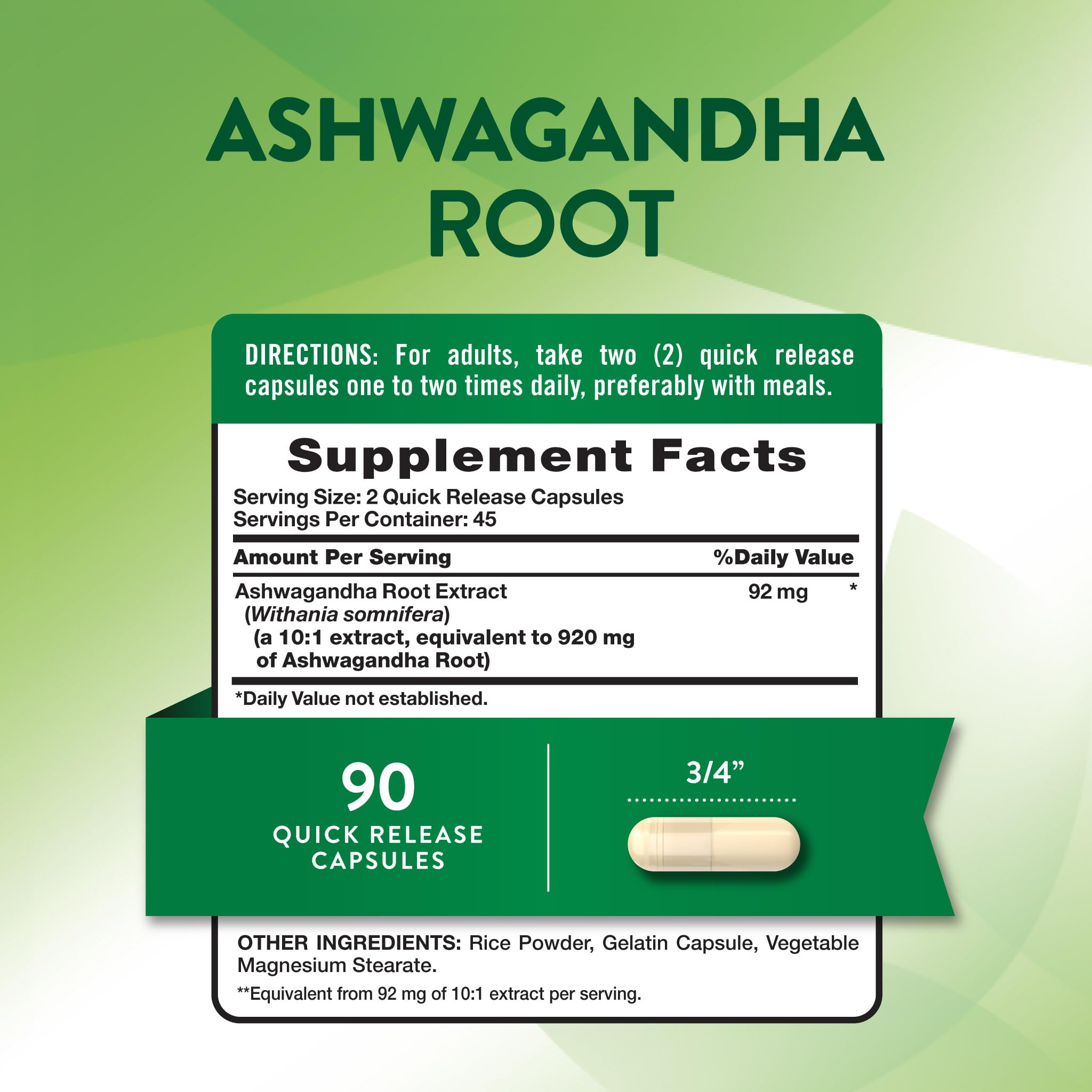 Nature's Truth Ashwagandha 90 capsules supplement facts and ingredient label view