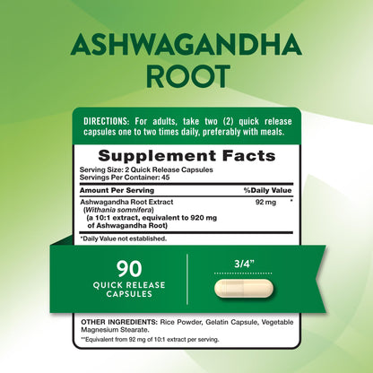 Nature's Truth Ashwagandha 90 capsules supplement facts and ingredient label view