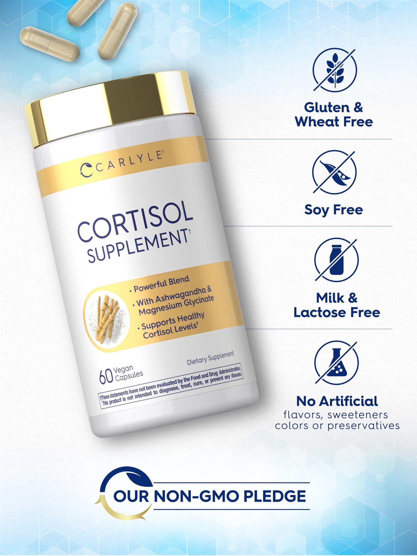 Non GMO and gluten free Carlyle cortisol management product seal details