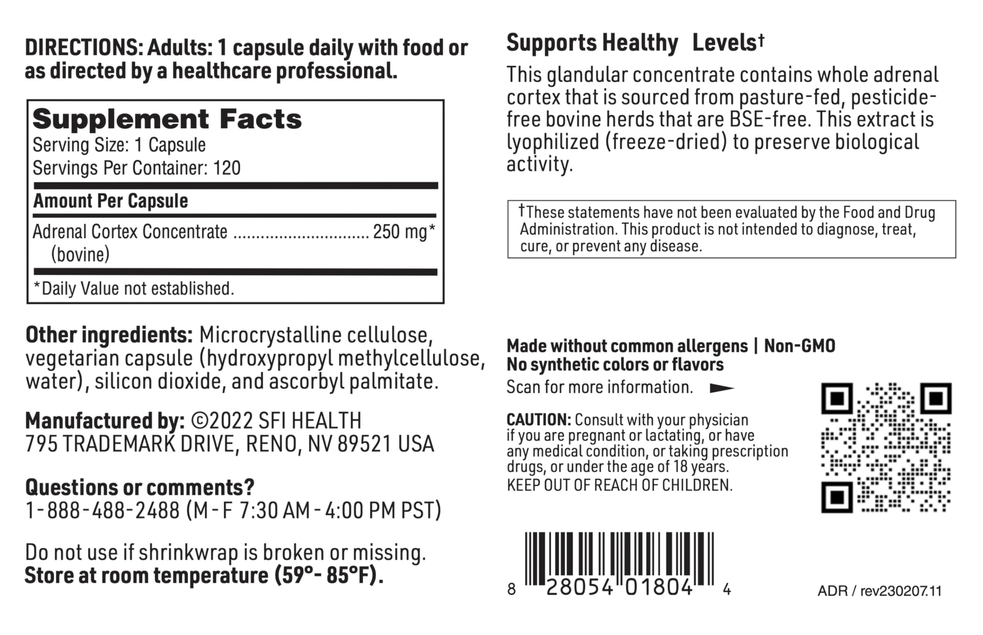 SFI Health cortisol management dietary supplement side panel guidelines