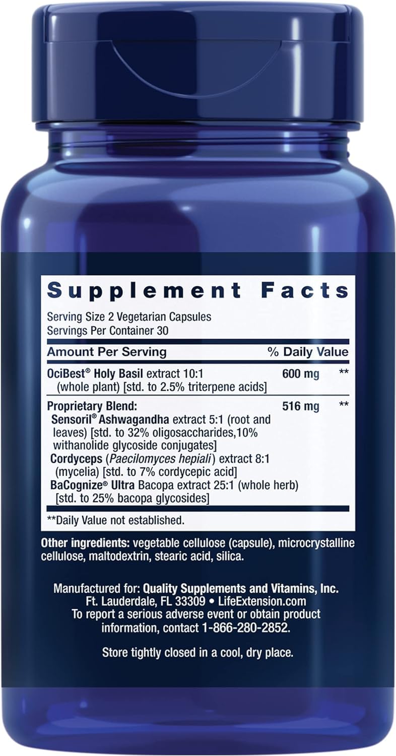 Life Extension Adrenal Energy Formula supplement facts and adaptogenic ingredients label