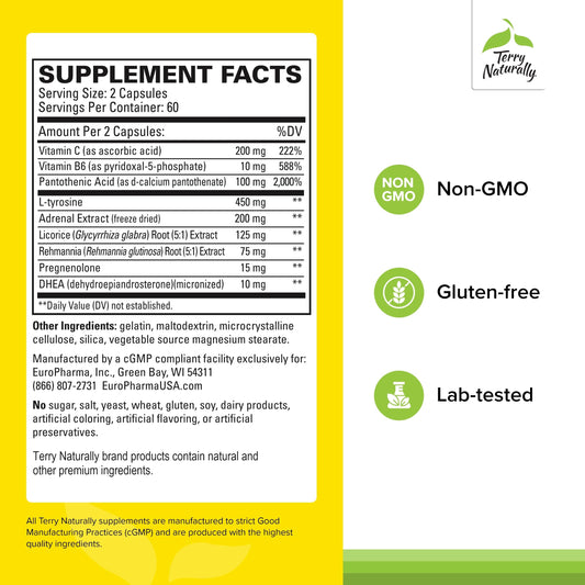 Terry Naturally Adrenaplex dietary supplement back label showing natural glandular extract ingredients.