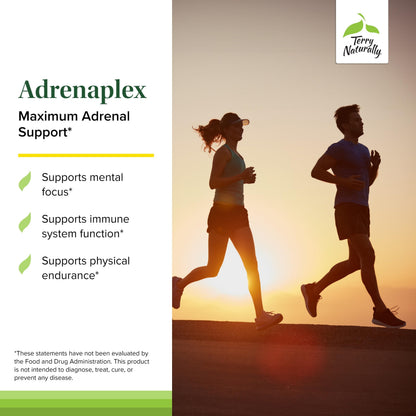 Side view of Terry Naturally Adrenaplex stress relief capsules packaging highlighting brand quality.