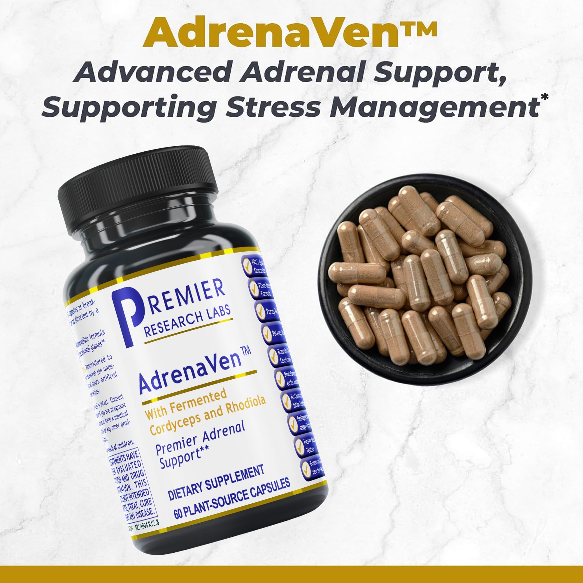 Premier Research Labs AdrenaVen supplement label showing organic adaptogen ingredients list
