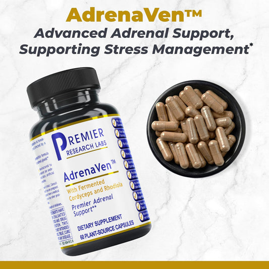 Premier Research Labs AdrenaVen supplement label showing organic adaptogen ingredients list