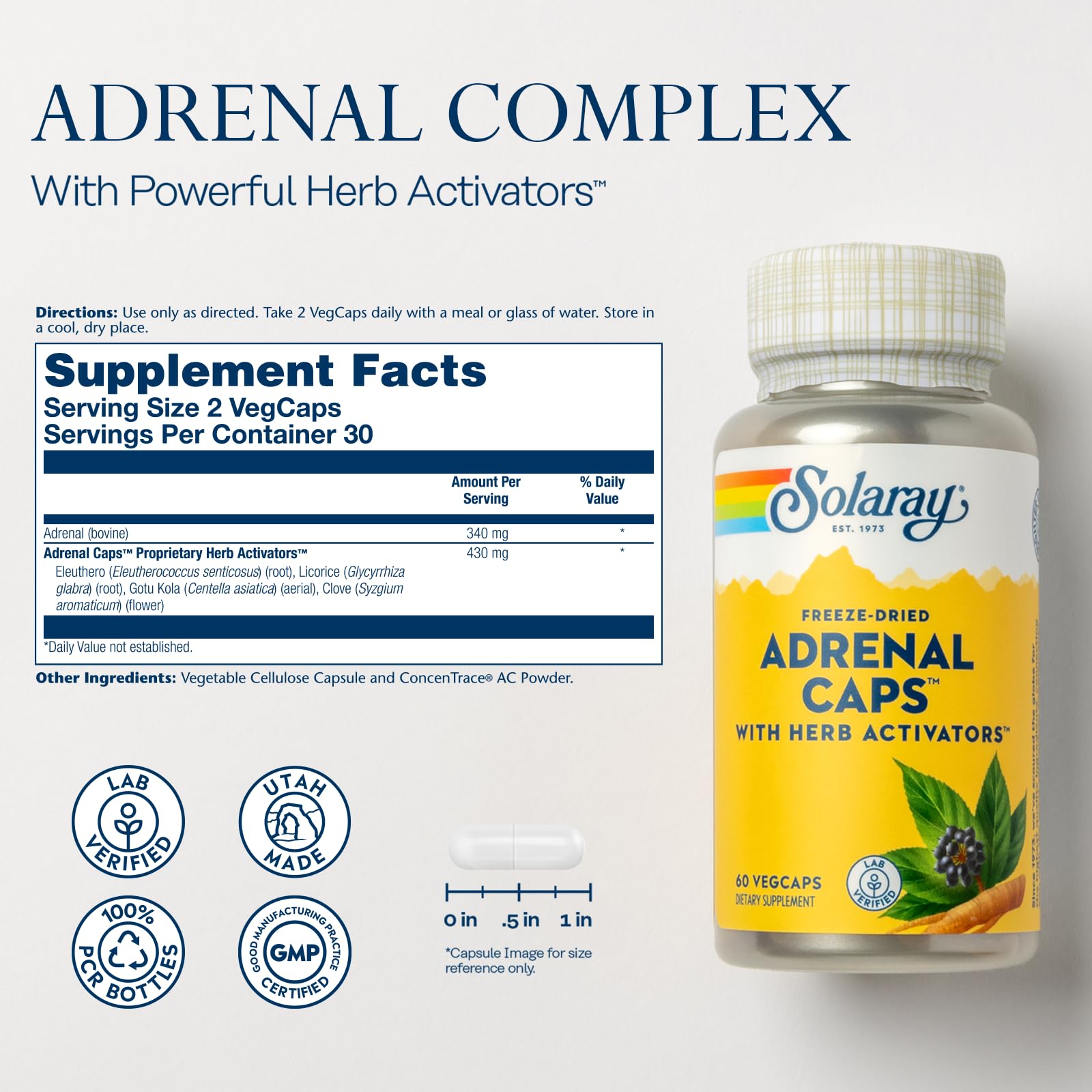 Solaray Adrenal support dietary supplement bottle displaying supplement facts panel and ingredients list