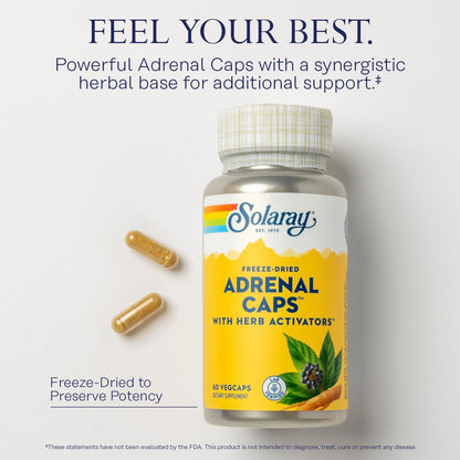 Side profile of Solaray Adrenal Caps showing freeze dried formula description and quality verification seal
