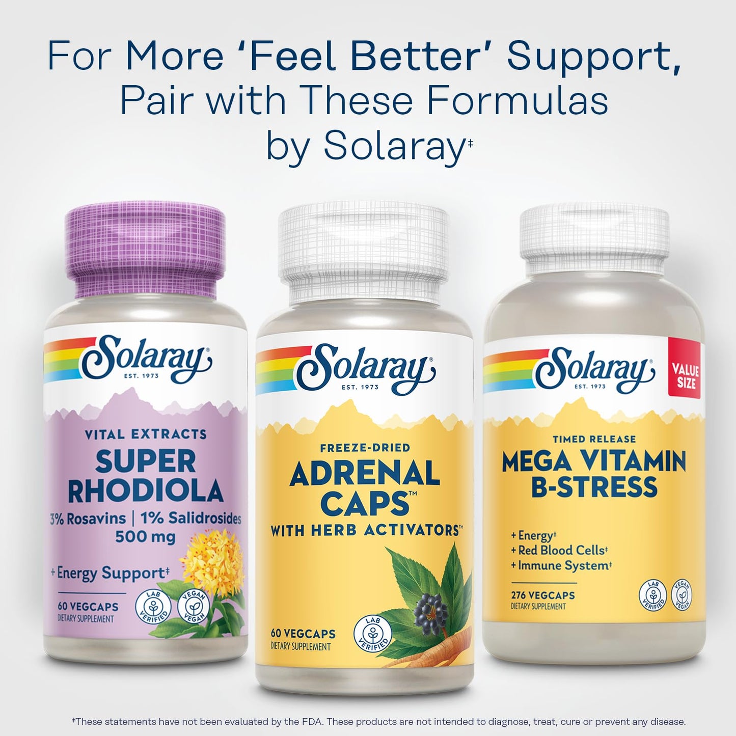Full product shot of the authentic imported Solaray Adrenal capsule packaging on a clean background