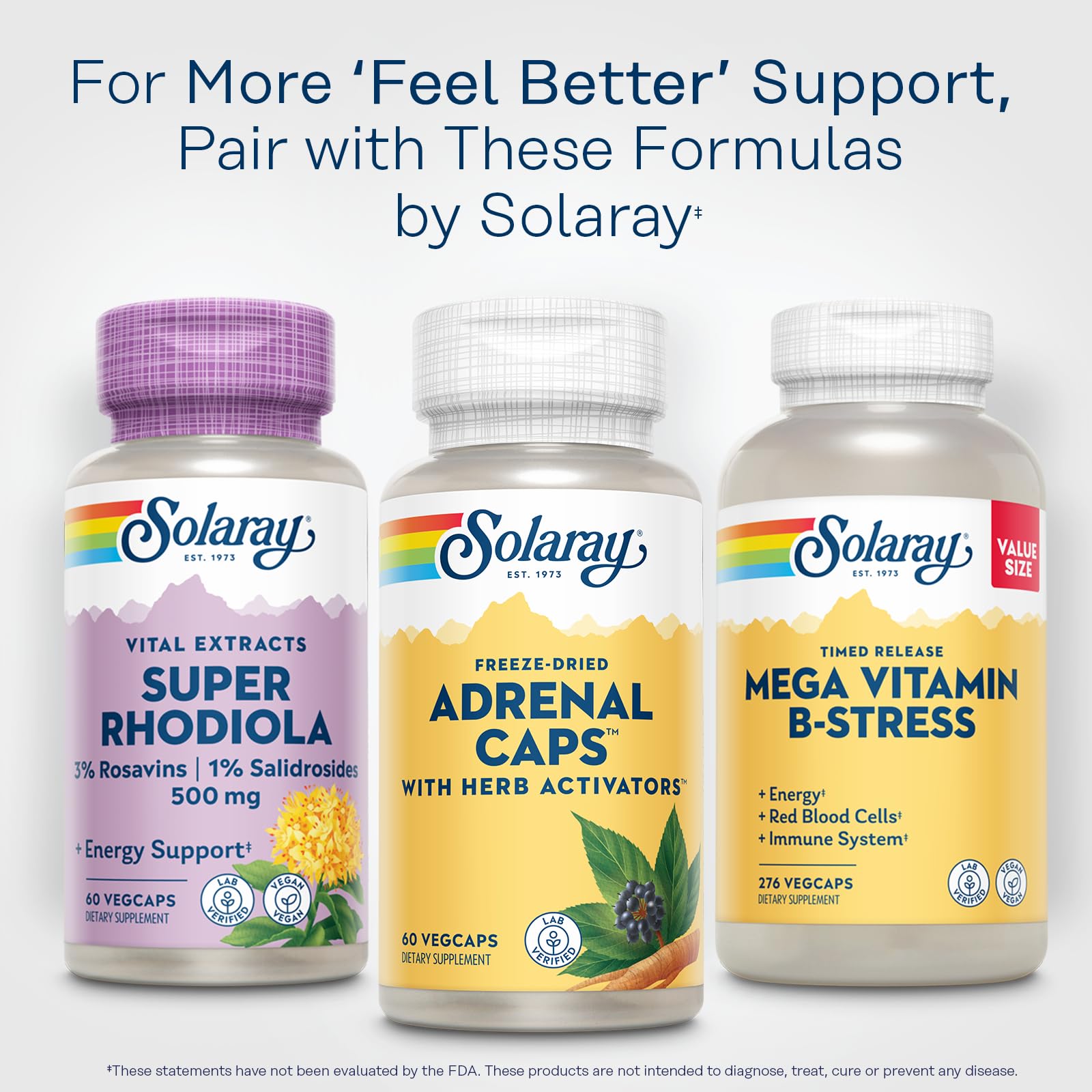 Full product shot of the authentic imported Solaray Adrenal capsule packaging on a clean background