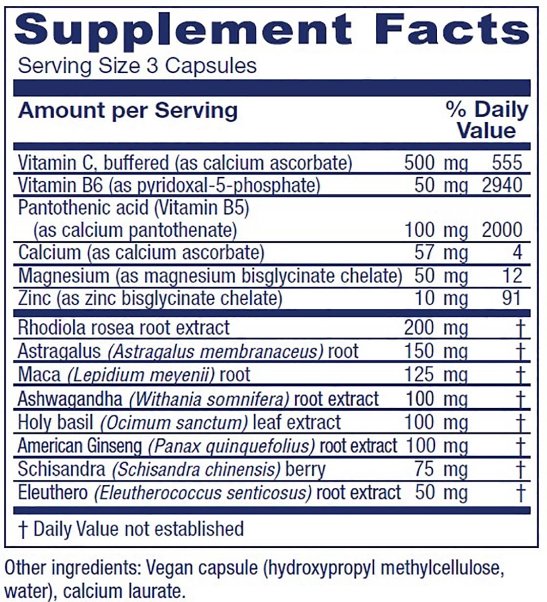 Vitanica Adrenal Assist supplemental facts panel displaying adaptogenic ingredients