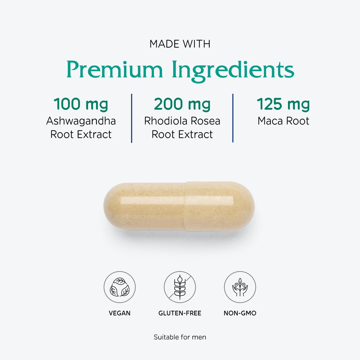 Side label of Vitanica Adrenal Assist highlighting Ashwagandha and Rhodiola content