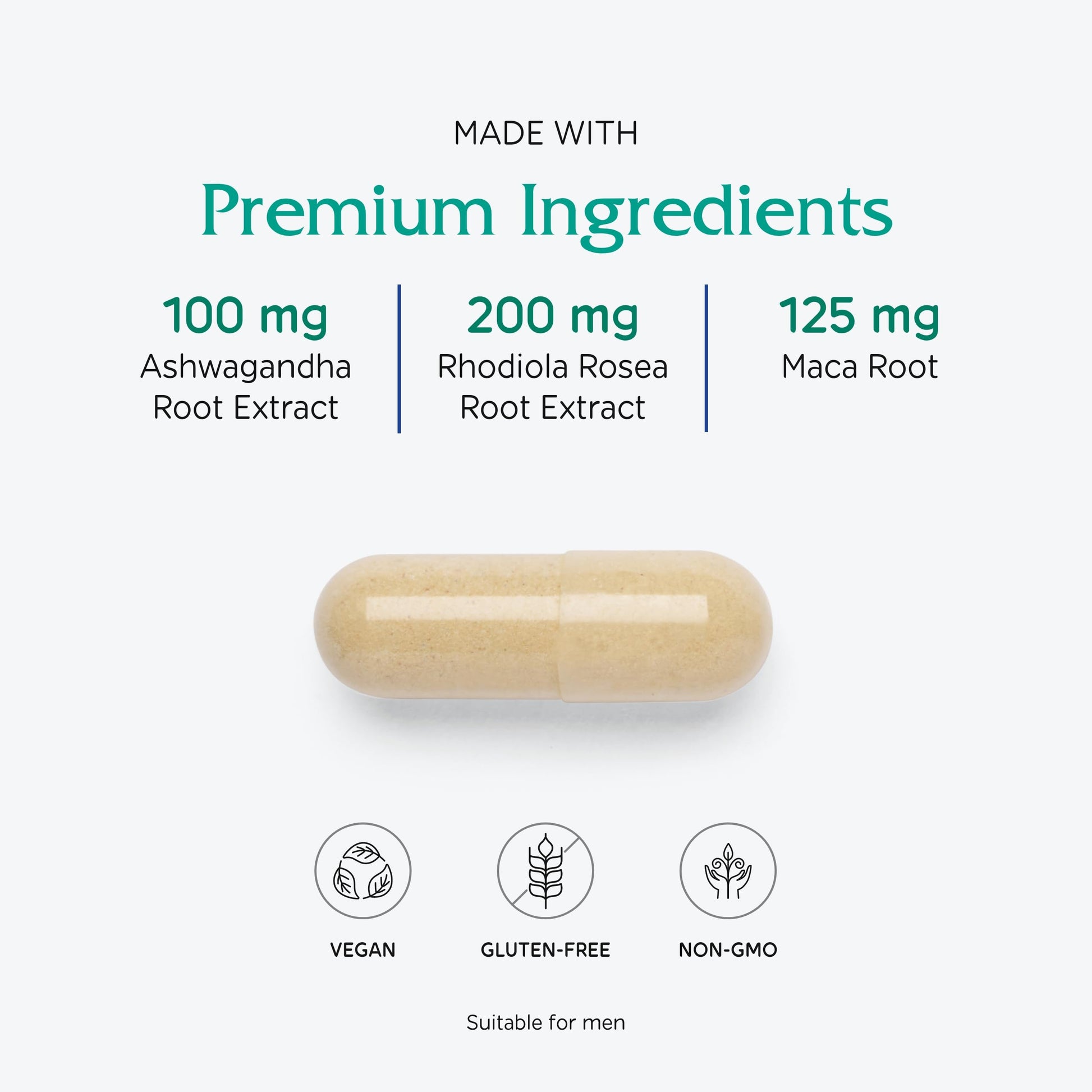 Side label of Vitanica Adrenal Assist highlighting Ashwagandha and Rhodiola content