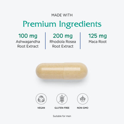 Side label of Vitanica Adrenal Assist highlighting Ashwagandha and Rhodiola content
