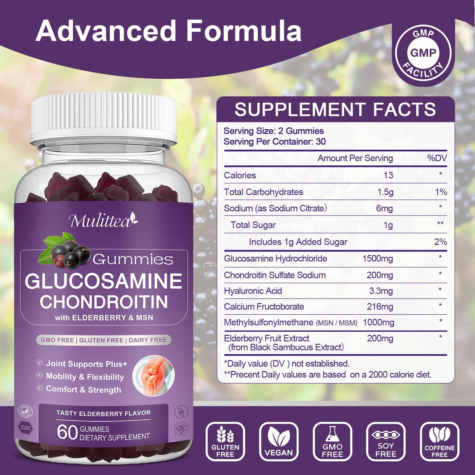 Mulittea joint support supplement nutritional facts label