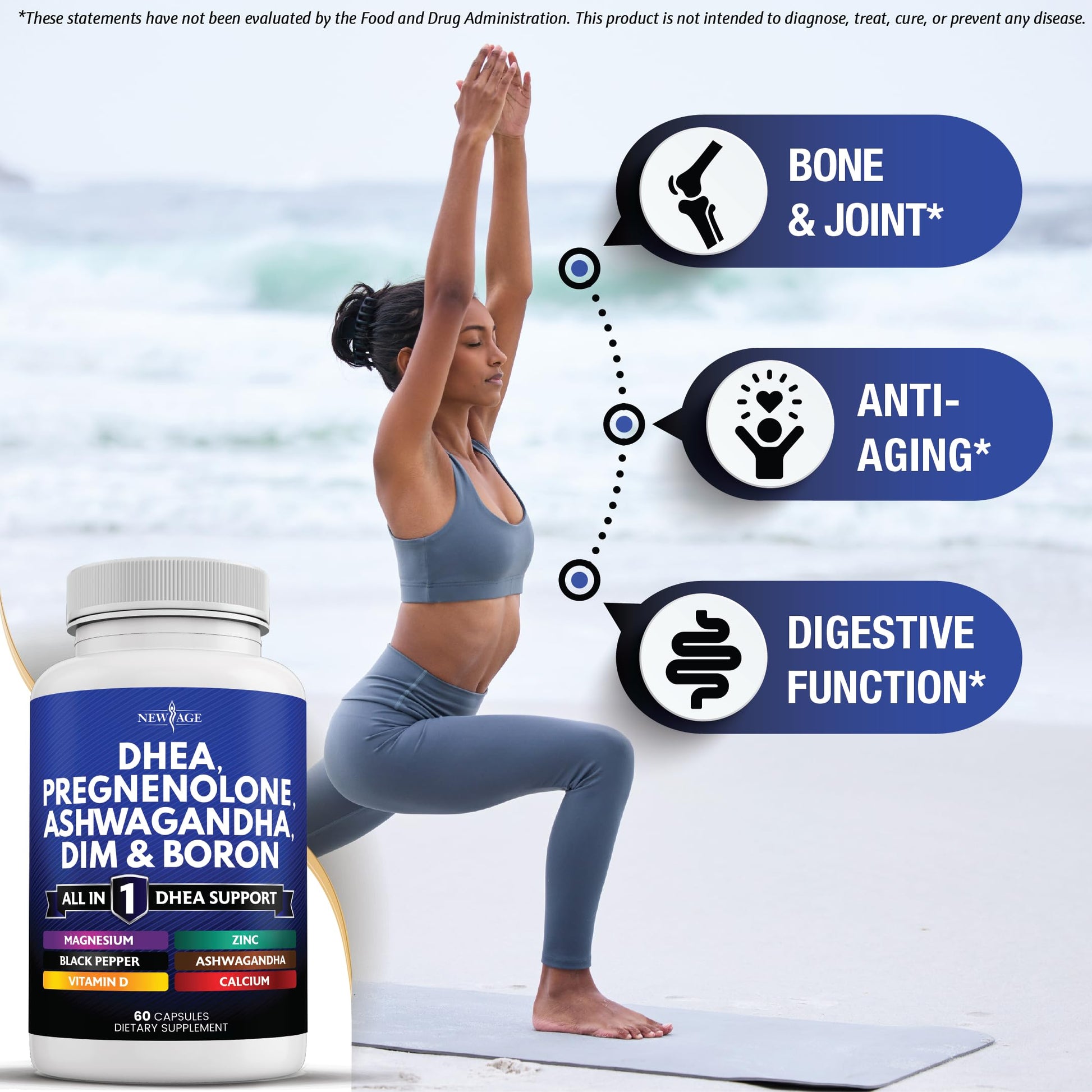 New Age wellness supplement bottle showing DIM and Ashwagandha text