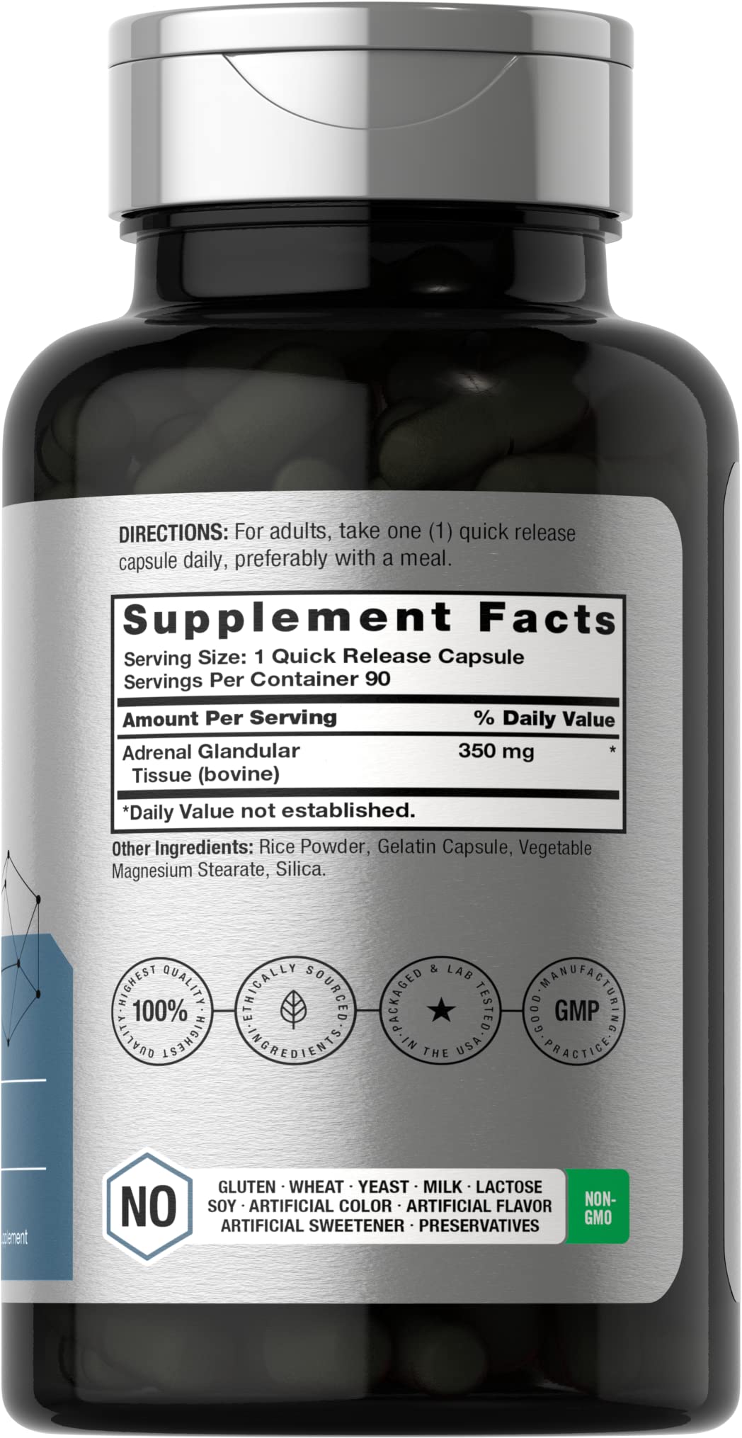 Horbaach Raw Adrenal Glandular supplement label showing supplement facts and ingredients
