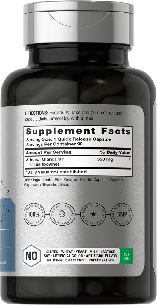 Horbaach Raw Adrenal Glandular supplement label showing supplement facts and ingredients