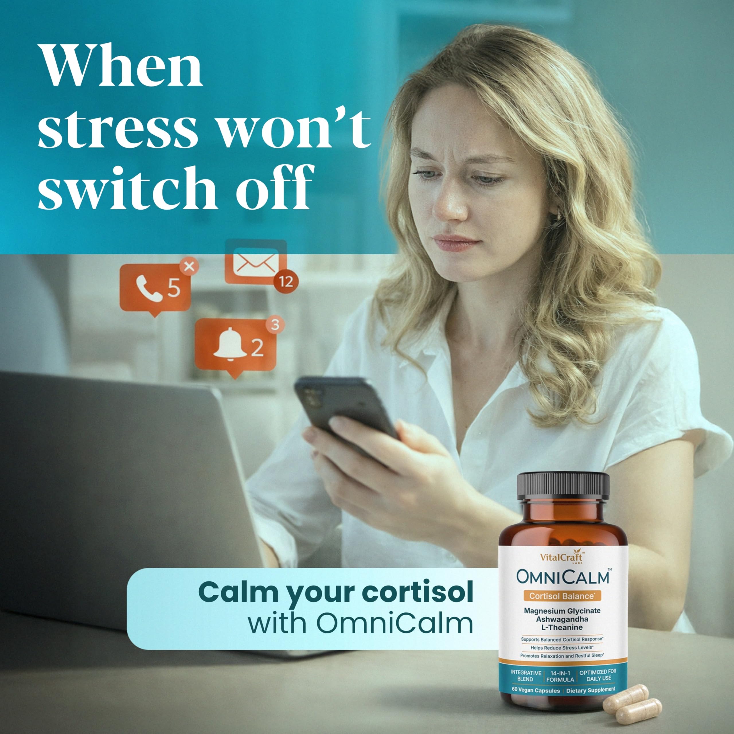 OmniCalm Cortisol Supplement supplement facts panel showcasing 14-in-1 ingredients.