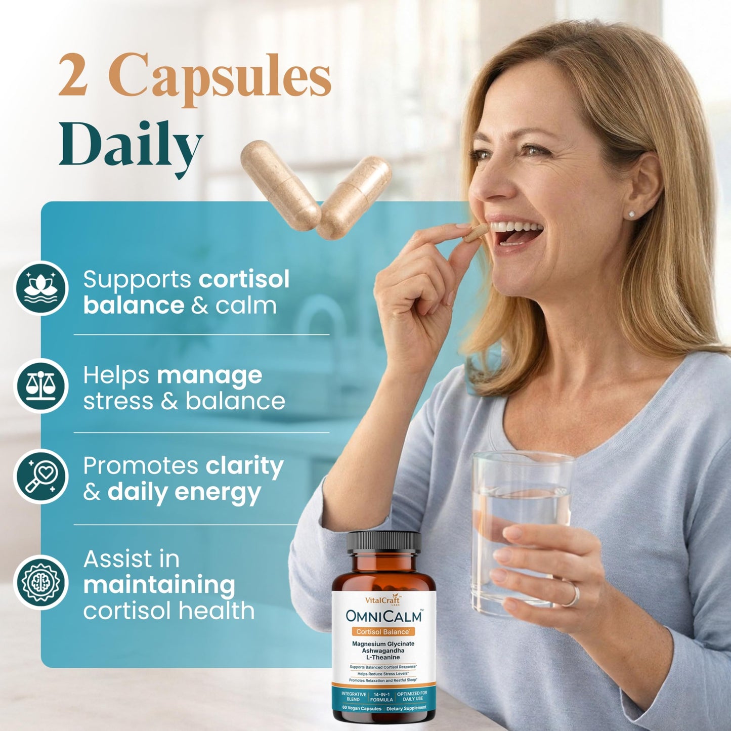 VitalCraft Labs OmniCalm dietary supplement highlighting sleep and focus benefits.