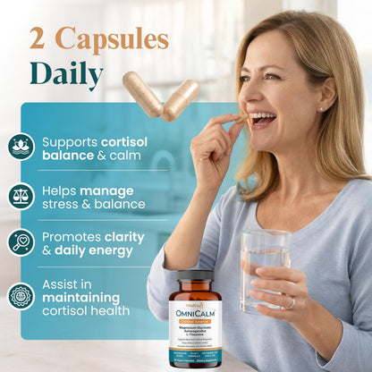 VitalCraft Labs OmniCalm dietary supplement highlighting sleep and focus benefits.