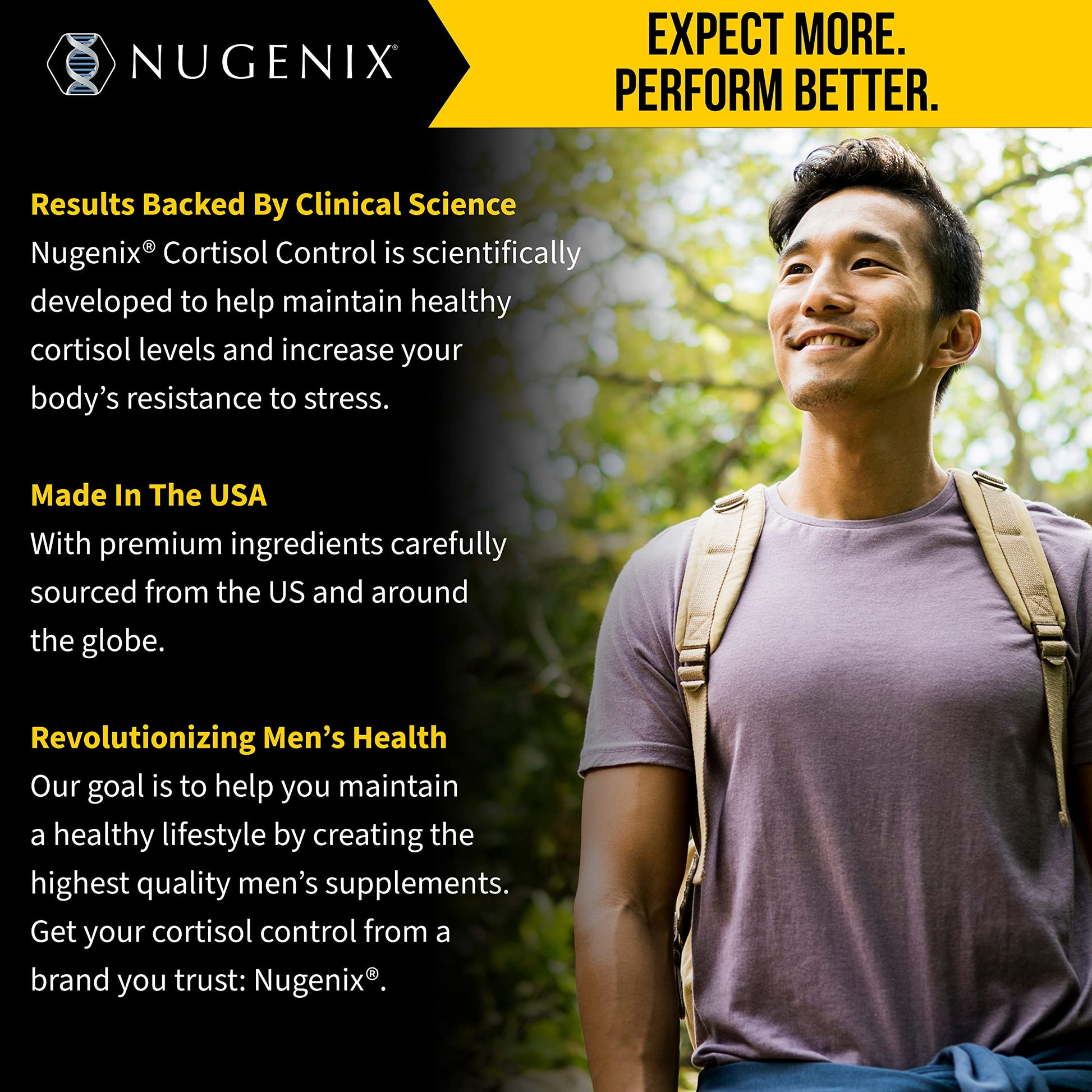 Nugenix Cortisol Control capsule count and dietary certifications including gluten-free and non-gmo badges
