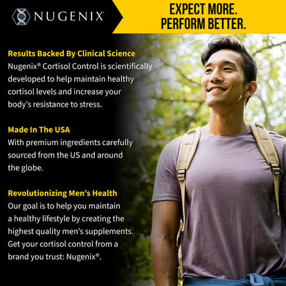 Nugenix Cortisol Control capsule count and dietary certifications including gluten-free and non-gmo badges