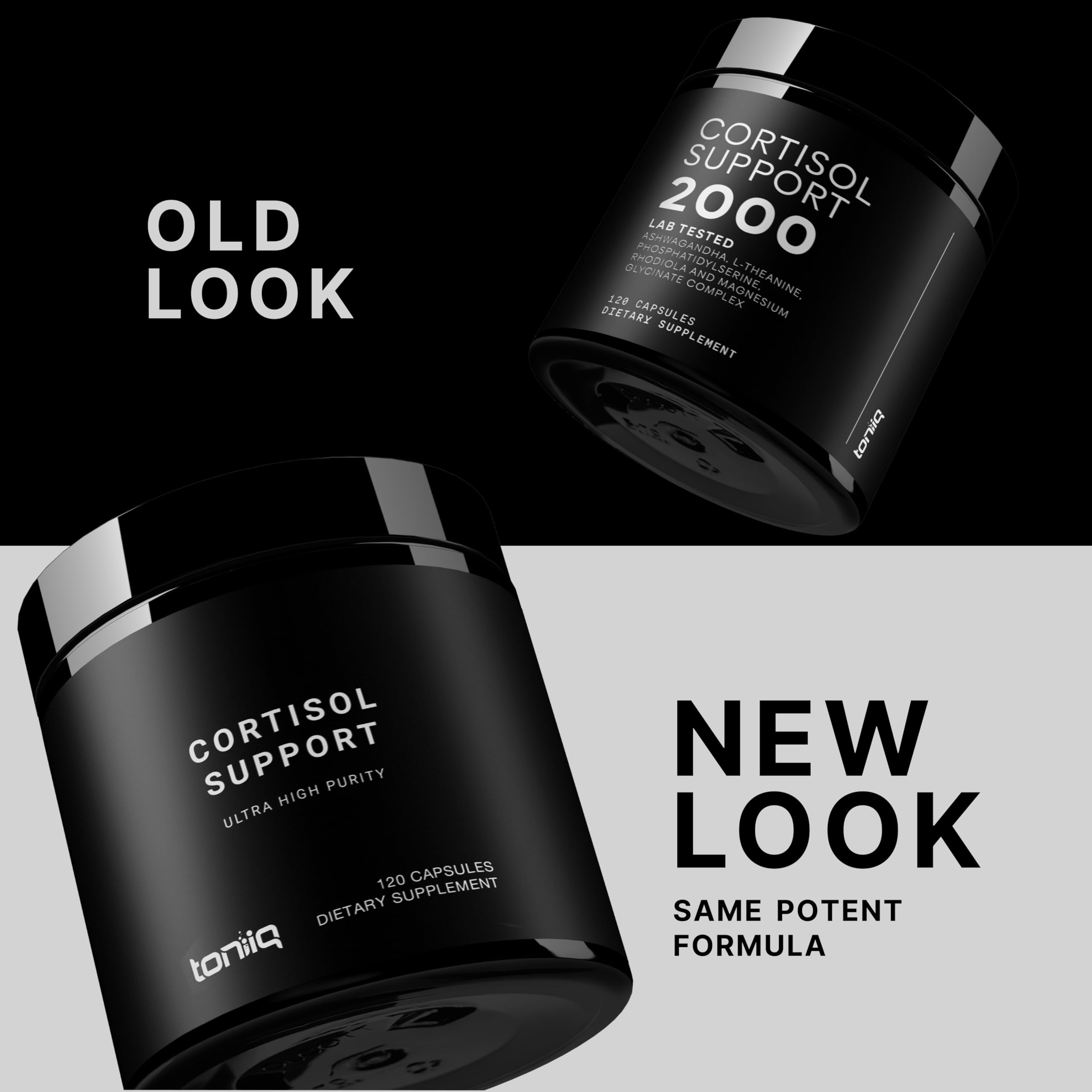 Toniiq Cortisol Support 120 capsules dietary supplement packaging showing ingredient facts.