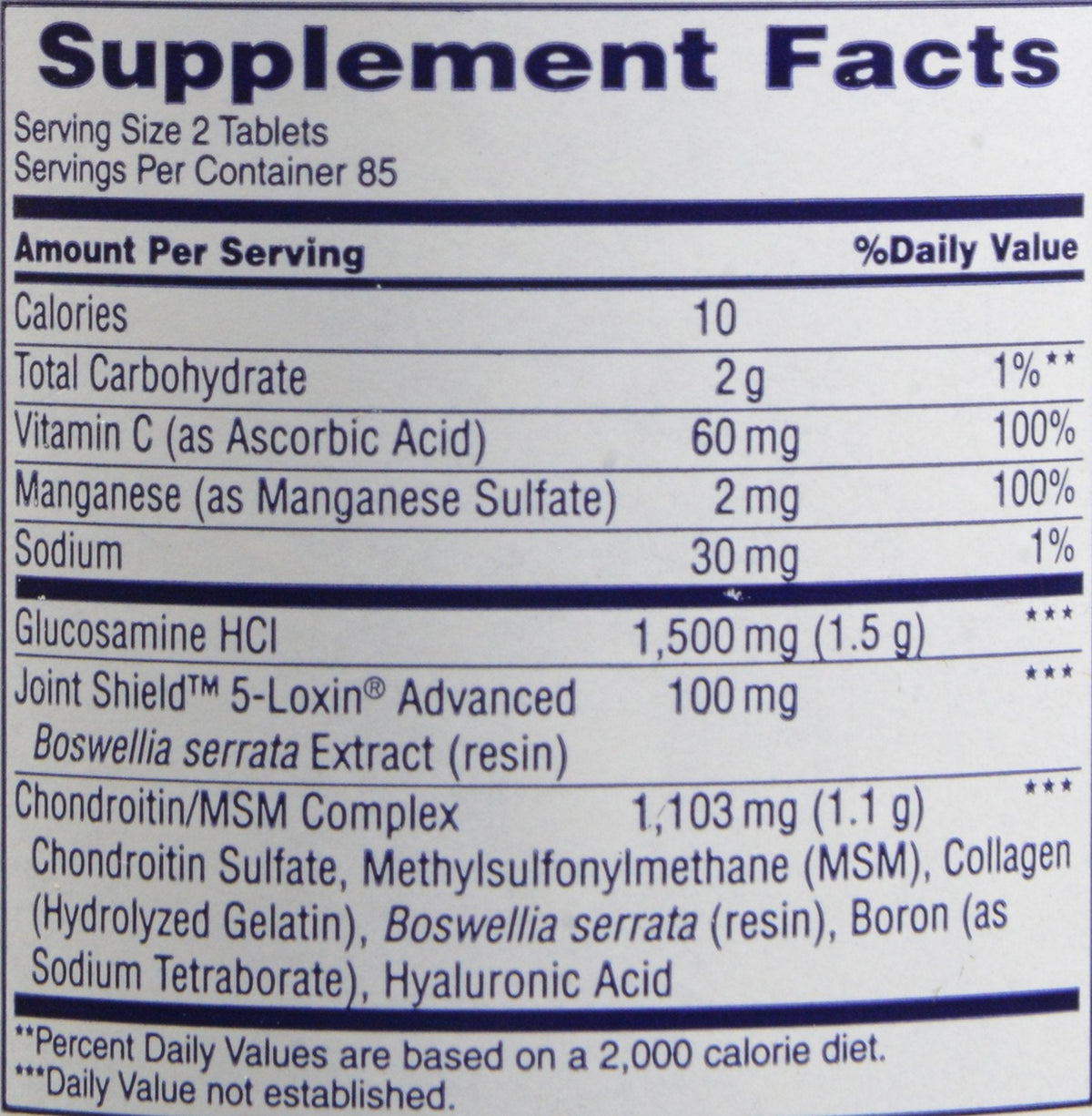 Nutritional information and daily dosage breakdown panel